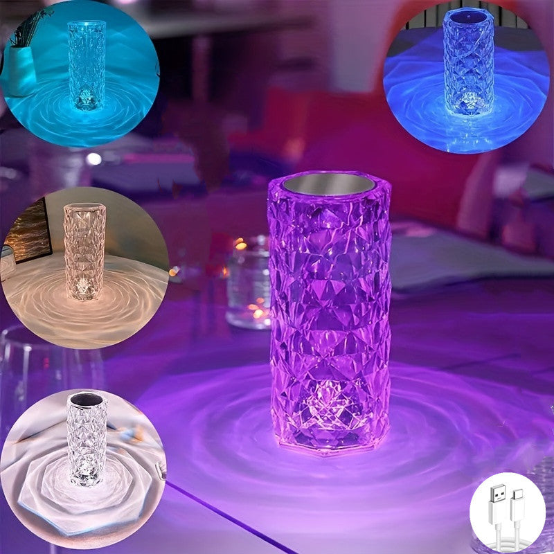 Lámpara de mesa de cristal rosa con control táctil y remoto - 16 opciones de color, recargable por USB, batería de litio de 600 mAh, 7 niveles de brillo, 4 modos de luz dinámicos, ideal para fiestas, bodas, ambiente romántico y regalo.