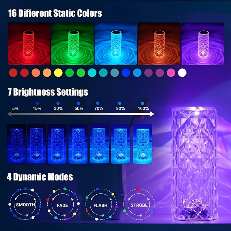 Lámpara de mesa de cristal rosa con control táctil y remoto - 16 opciones de color, recargable por USB, batería de litio de 600 mAh, 7 niveles de brillo, 4 modos de luz dinámicos, ideal para fiestas, bodas, ambiente romántico y regalo.