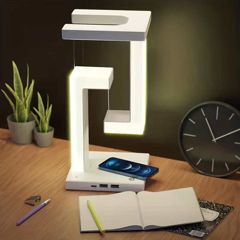 Lámpara de escritorio LED levitante con carga inalámbrica de 10W - Recargable por USB, control táctil y luz ambiental regulable para el hogar y la oficina