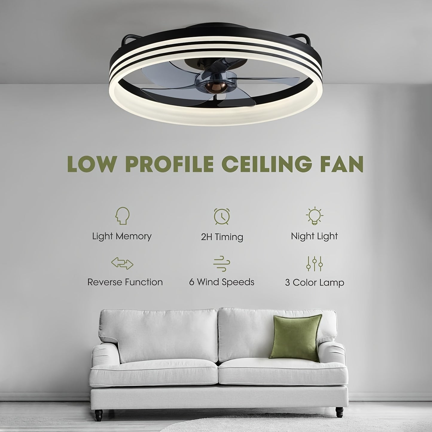 LYOOWNG Para Ventilador de Techo LED Inteligente con Luz - Montaje Empotrado, 6 Velocidades Ajustables, Diseño de Bajo Perfil para Dormitorio, Sala de Estar y Espacios Pequeños - Incluye Control Remoto, Negro