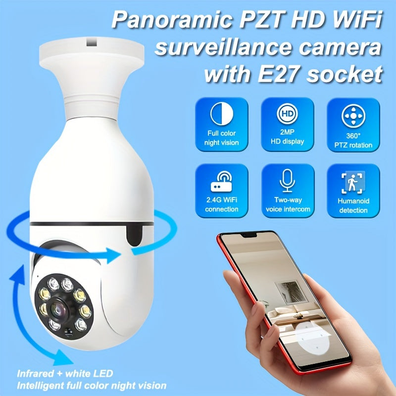 Cámara de vigilancia creativa con forma de bombilla con audio bidireccional, ¡Proteja su hogar con cámara de bombilla HD E27 WiFi de doble banda de 2.4G con seguimiento automático, visión nocturna a todo color y audio bidireccional!