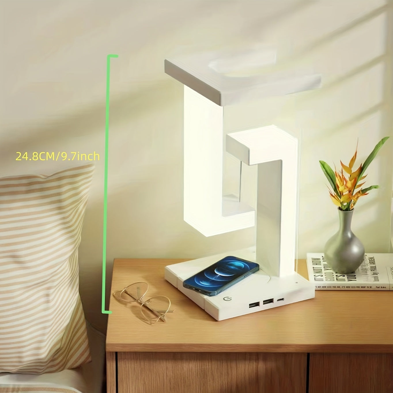 Lámpara de escritorio LED levitante con carga inalámbrica de 10W - Recargable por USB, control táctil y luz ambiental regulable para el hogar y la oficina