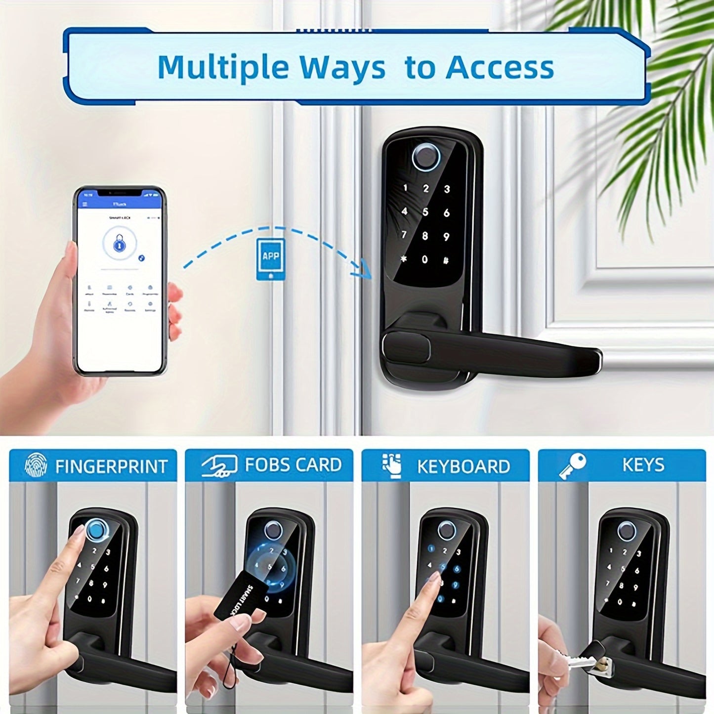 Cerradura de Puerta Inteligente sin Llave de Entrada con Huella Dactilar, Cerradura Electrónica Digital con Código de Acceso, Manija de Puerta Eléctrica con Palanca de Mano Derecha, Asa Biométrica, Grado Comercial, Operada por Batería de 36V