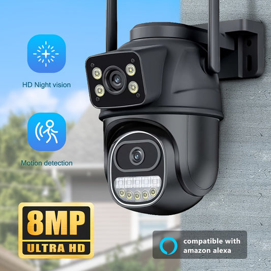 1pc Icsee 4K 8MP Cámara WiFi, Exterior Tres Lentes Pantallas Duales, 4X Zoom CCTV Video Cam, Detección Humana Seguimiento Automático Protección de Seguridad Cámara de Vigilancia