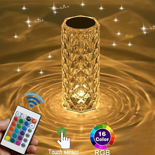 Lámpara de mesa de cristal rosa con control táctil y remoto - 16 opciones de color, recargable por USB, batería de litio de 600 mAh, 7 niveles de brillo, 4 modos de luz dinámicos, ideal para fiestas, bodas, ambiente romántico y regalo.