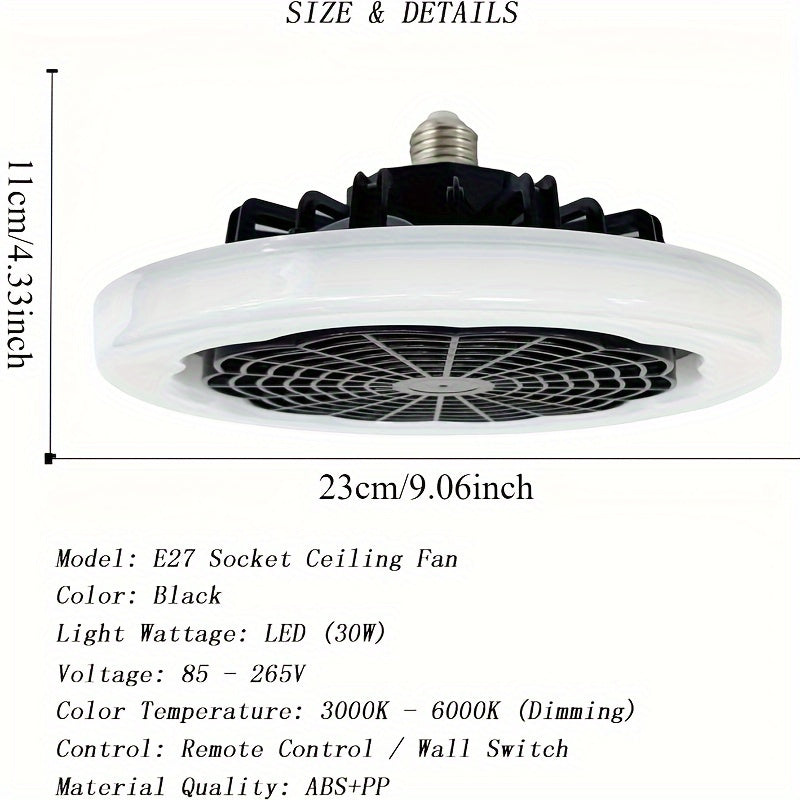 Lámpara de techo inteligente con ventilador LED de 30 W, con sensor de infrarrojos y batería de botón no recargable, 3 velocidades de viento ajustables, compatible con control remoto e interruptor de pared, voltaje de funcionamiento de 85-265 V