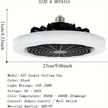 Lámpara de techo inteligente con ventilador LED de 30 W, con sensor de infrarrojos y batería de botón no recargable, 3 velocidades de viento ajustables, compatible con control remoto e interruptor de pared, voltaje de funcionamiento de 85-265 V