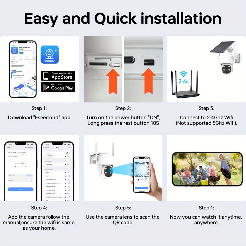 Cámara de seguridad exterior montada en pared inalámbrica WiFi con visión nocturna a color y audio bidireccional de 4MP con energía solar