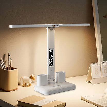 Lámpara de Escritorio LED Inteligente con Control Táctil, Brillo Ajustable y 3 Modos de Color - Luz de Lectura para el Cuidado Ocular en Residencias Universitarias, Oficinas y Salas de Estudio, Incluye Calendario, Hora y Temperatura