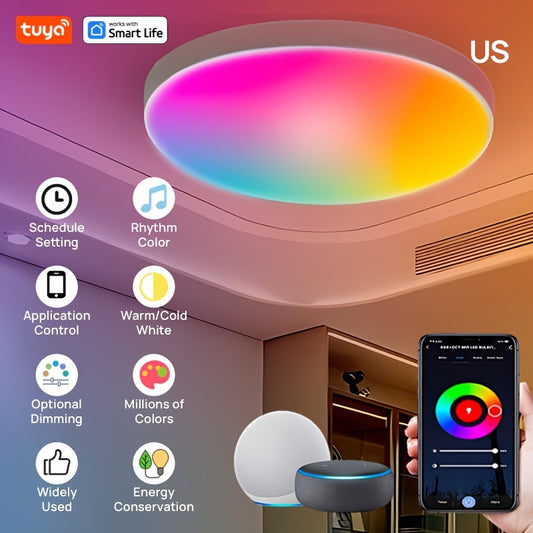 Lámpara de techo inteligente LED Tuya, US 24W 30.48cm RGB+CCT Lámpara de techo Wi-Fi,  Cambio de color de ritmo musical, 24W 120V 2700-6500K Lámpara de techo LED regulable de cambio de color RGB