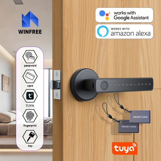 Cerradura inteligente con huella dactilar WINFREE Tuya, entrada sin llave, manija de puerta, protección de seguridad inteligente digital, cerradura con código de contraseña para puerta de madera.