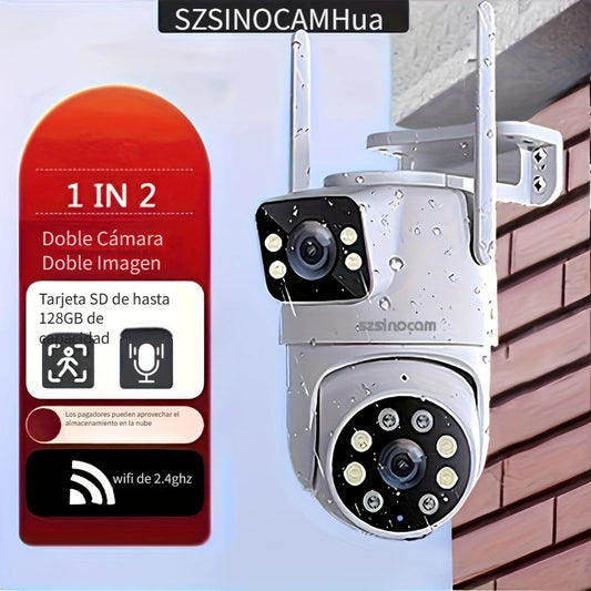 Cámara de seguridad multifuncional inalámbrica para exteriores, monitoreo de seguridad WiFi, lente dual de alta definición 2K, rotación automática panorámica e inclinación, visión nocturna, detección de movimiento, llamada bidireccional