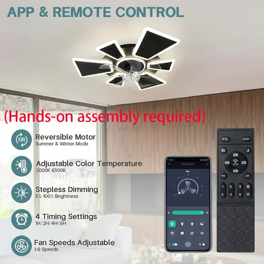 Ventilador de Techo Moderno con Luz LED Inteligente - Control Remoto, 6 Velocidades, Regulable en 3 Colores, Ideal para Sala de Estar, Dormitorio, Cocina - Negro/Blanco