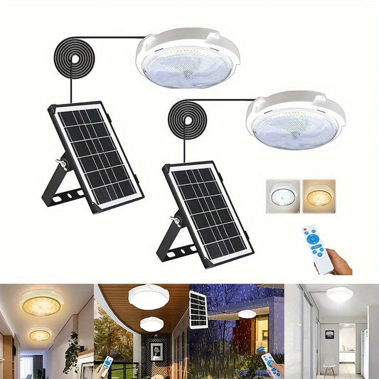 Conjunto de luces LED inteligentes de techo con energía solar, 72 LED, 3 colores ajustables, control remoto y función de temporizador interiores y exteriores - Perfecto para balcones, patios, porches, salas de estar e iluminación de dormitorio