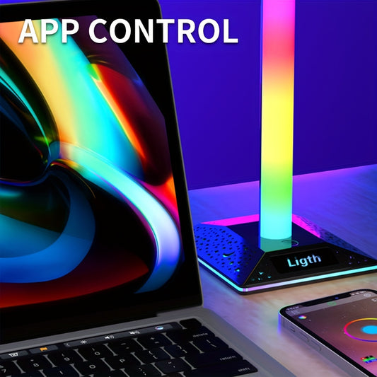 Lámpara de escritorio LED inteligente con control de aplicación - Luz ambiental RGB para juegos con interruptor táctil regulable, soporte para auriculares inalámbricos, acabado de plástico pulido resistente al óxido, alimentación USB