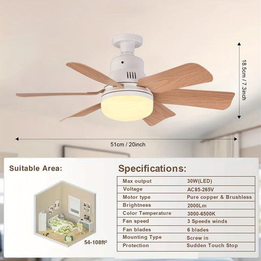 Ventilador de Techo LED de Control Remoto de 20 Pulgadas con Brillo Ajustable - Diseño de Grano de Madera de Fácil Instalación para Sala de Estar, Dormitorio, Estudio, Comedor