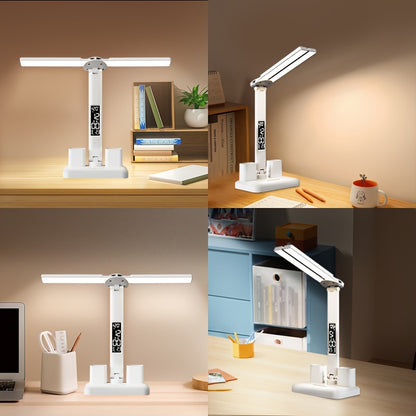 Lámpara de Escritorio LED Inteligente con Control Táctil, Brillo Ajustable y 3 Modos de Color - Luz de Lectura para el Cuidado Ocular en Residencias Universitarias, Oficinas y Salas de Estudio, Incluye Calendario, Hora y Temperatura