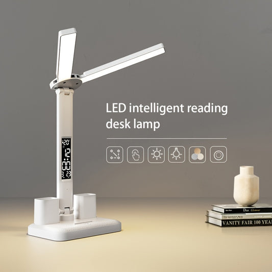 Lámpara de Escritorio LED Inteligente con Control Táctil, Brillo Ajustable y 3 Modos de Color - Luz de Lectura para el Cuidado Ocular en Residencias Universitarias, Oficinas y Salas de Estudio, Incluye Calendario, Hora y Temperatura