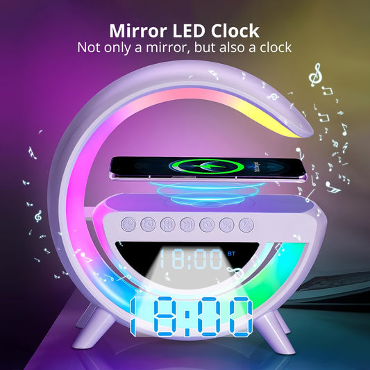 1pc Luz RGB IC de ritmo, iluminación ambiental inteligente con altavoz, cargador inalámbrico, reloj despertador, música de ruido blanco, sincronización de música, cambio de color de sueño, luz de mesa regulable para escritorio, mesita de noche